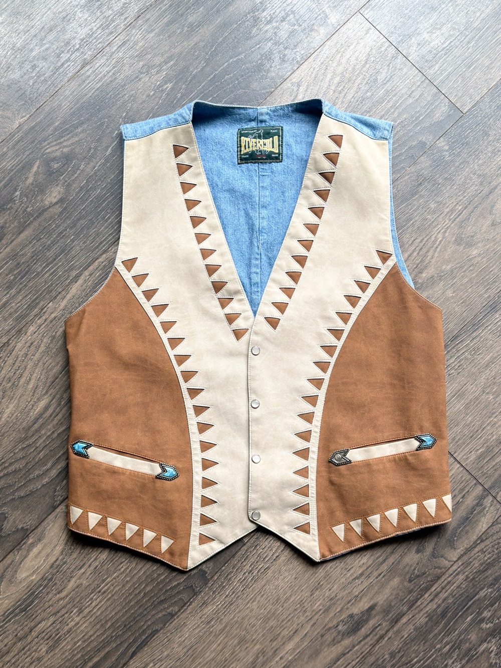 Rivergold Women’s Medium Western Vest Faux Leather Turquoise Denim Navajo Snap